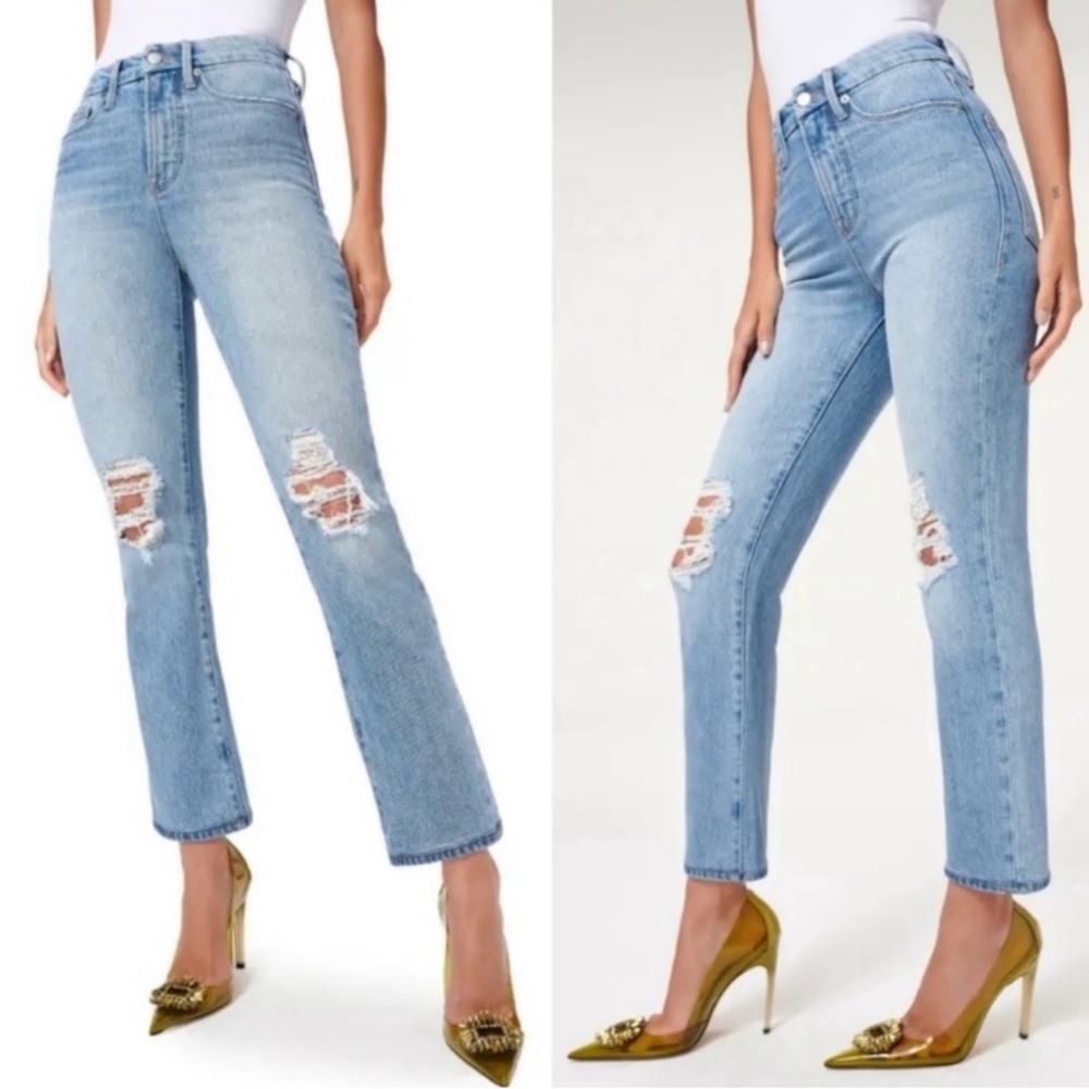 GOOD AMERICAN Good Boy Wide Release Jeans Size 4 / 27 High-Rise Flare Distressed